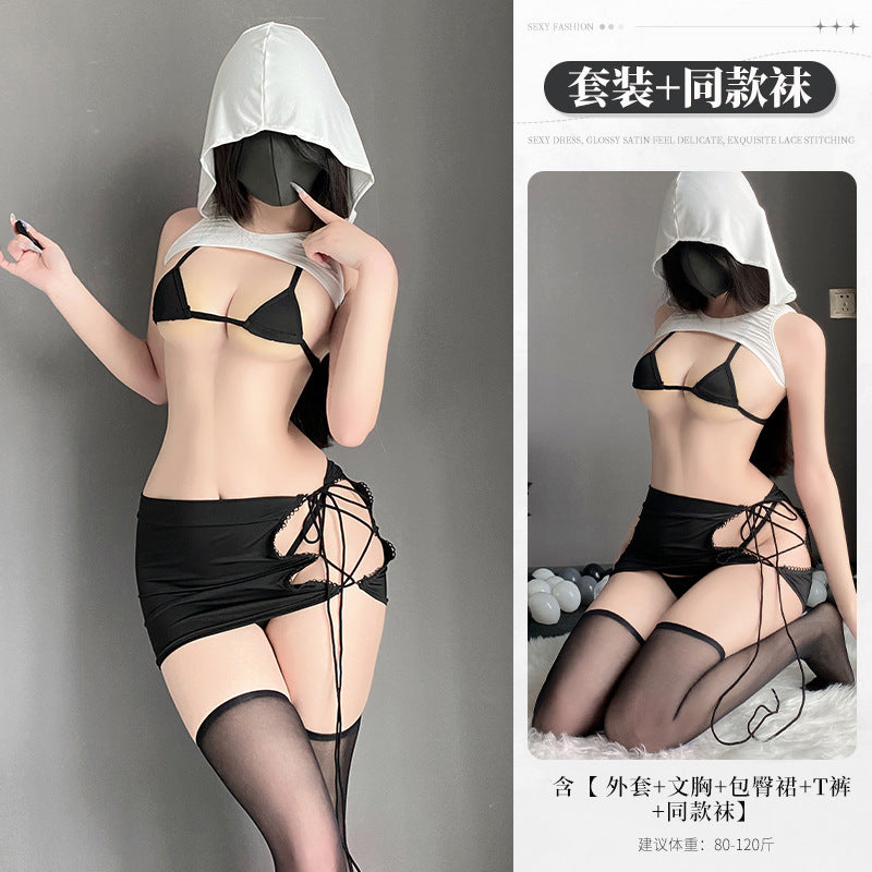 Image of Erotic lingerie sexy hollow small chest show big three-point see-through bra free passion temptation set 2147